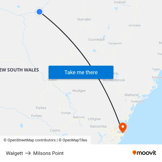 Walgett to Milsons Point map