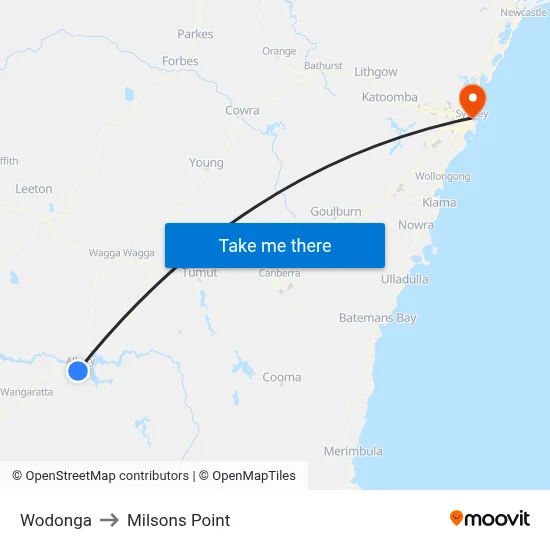 Wodonga to Milsons Point map