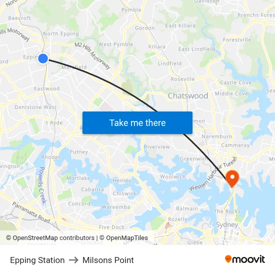Epping Station to Milsons Point map