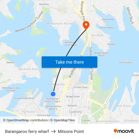 Barangaroo ferry wharf to Milsons Point map