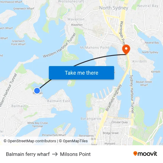 Balmain ferry wharf to Milsons Point map