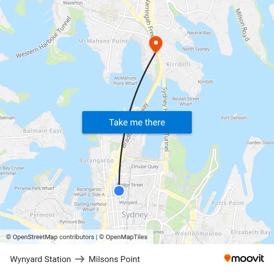 Wynyard Station to Milsons Point map