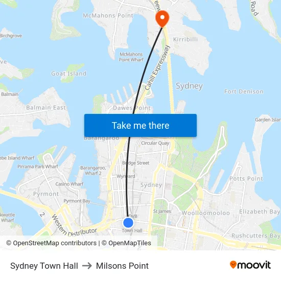 Sydney Town Hall to Milsons Point map