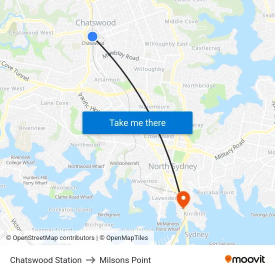 Chatswood Station to Milsons Point map