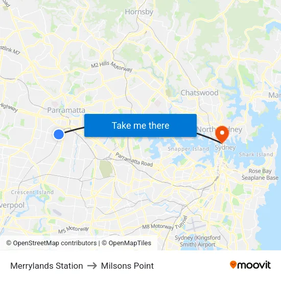Merrylands Station to Milsons Point map