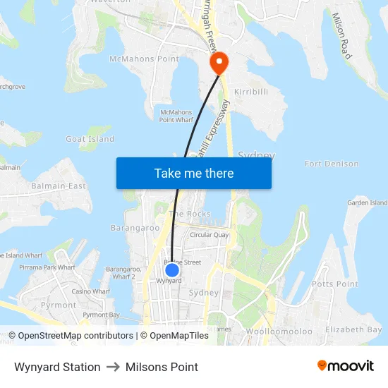 Wynyard Station to Milsons Point map