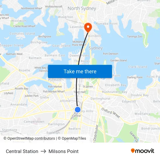 Central Station to Milsons Point map