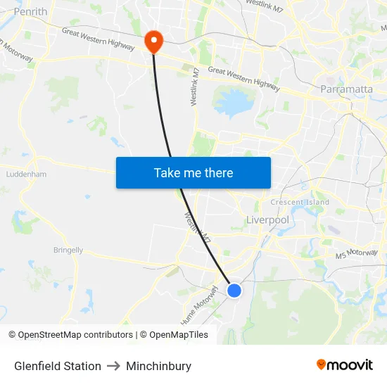 Glenfield Station to Minchinbury map