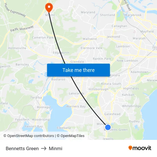 Bennetts Green to Minmi map
