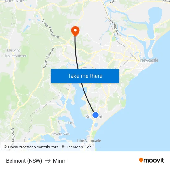 Belmont (NSW) to Minmi map