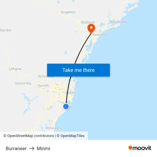 Burraneer to Minmi map