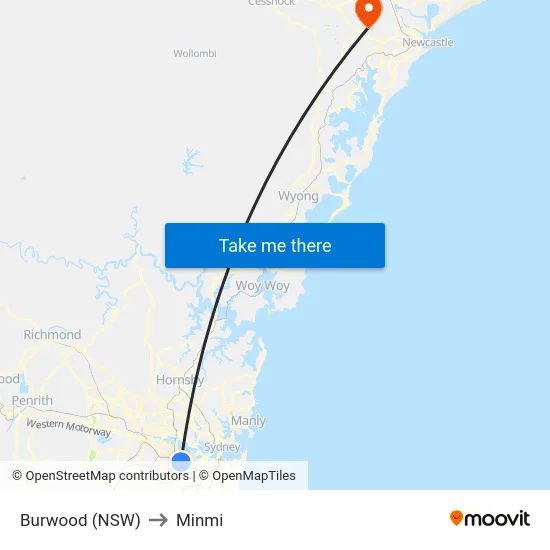 Burwood (NSW) to Minmi map