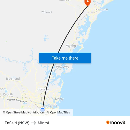 Enfield (NSW) to Minmi map
