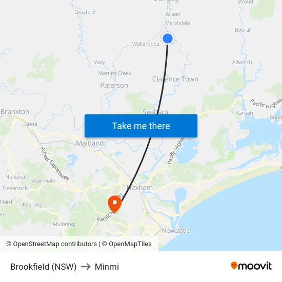 Brookfield (NSW) to Minmi map