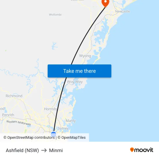 Ashfield (NSW) to Minmi map