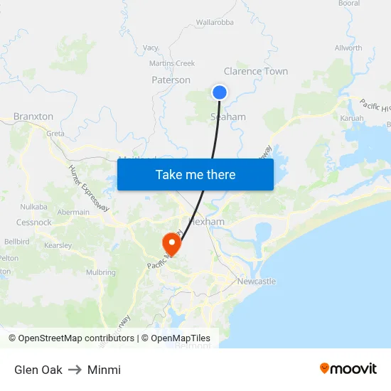 Glen Oak to Minmi map