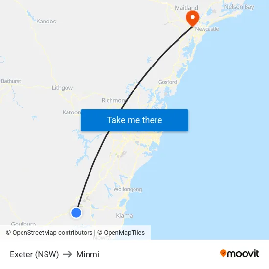 Exeter (NSW) to Minmi map