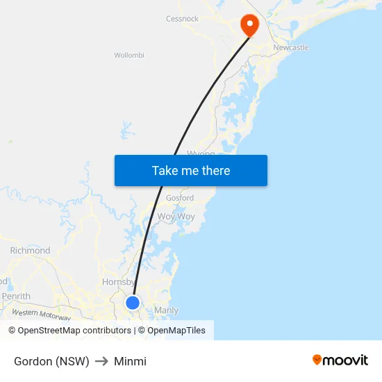 Gordon (NSW) to Minmi map