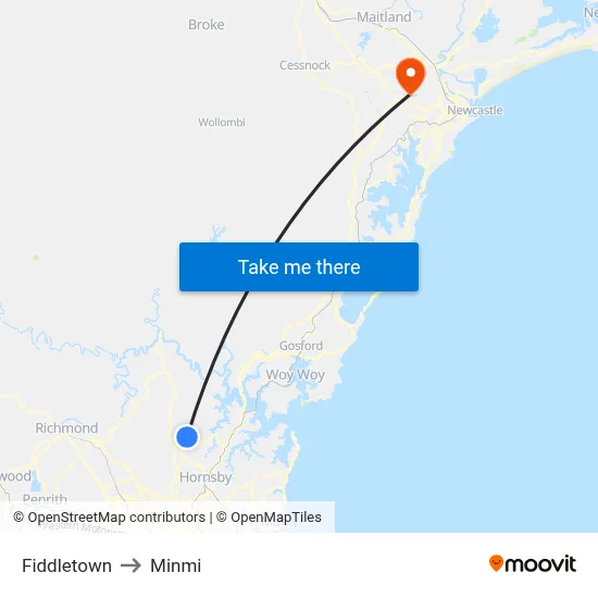 Fiddletown to Minmi map