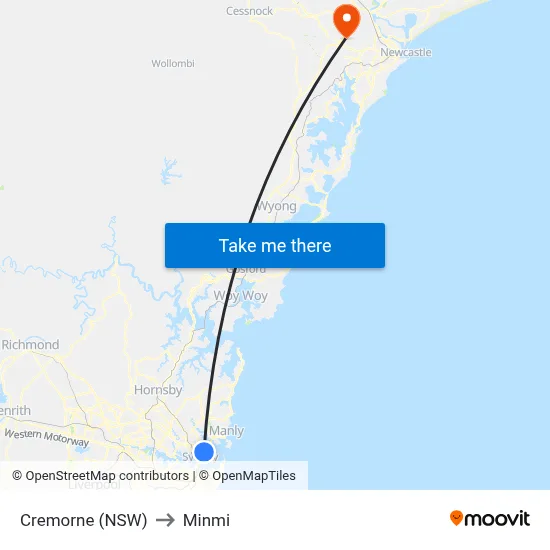 Cremorne (NSW) to Minmi map