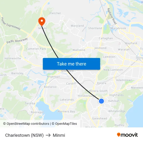 Charlestown (NSW) to Minmi map