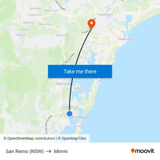 San Remo (NSW) to Minmi map