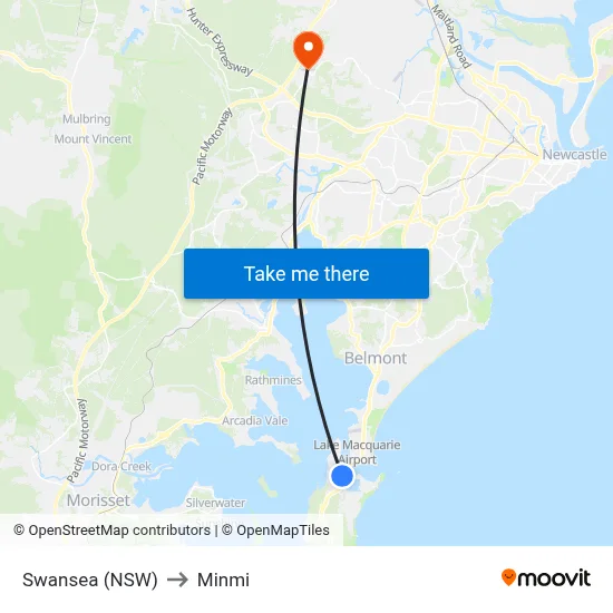 Swansea (NSW) to Minmi map