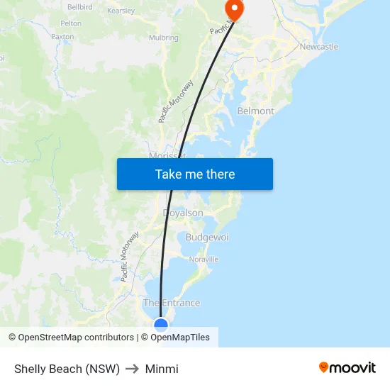 Shelly Beach (NSW) to Minmi map