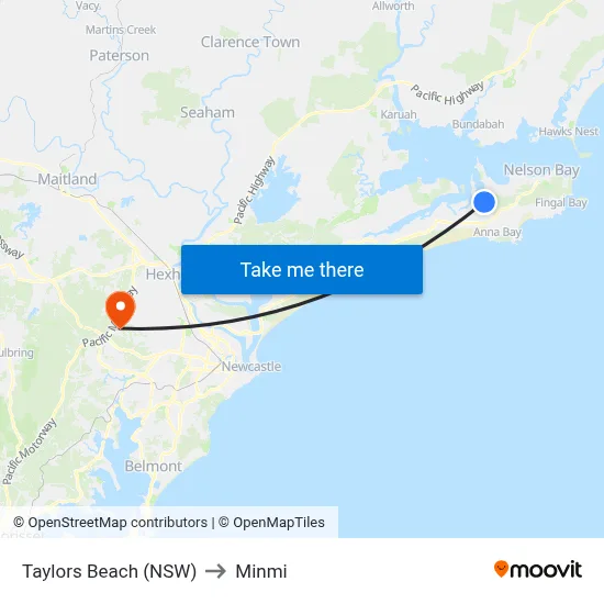 Taylors Beach (NSW) to Minmi map