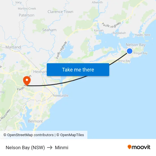 Nelson Bay (NSW) to Minmi map