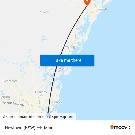 Newtown (NSW) to Minmi map