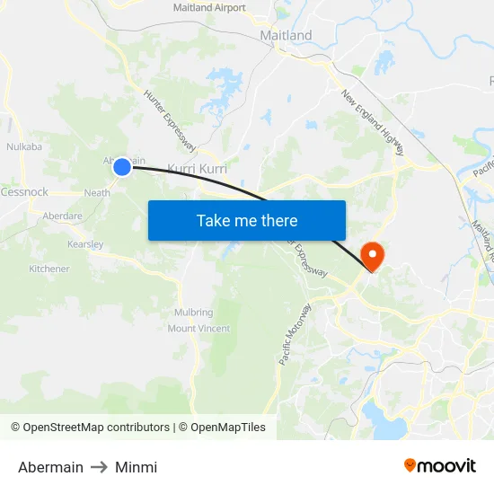 Abermain to Minmi map
