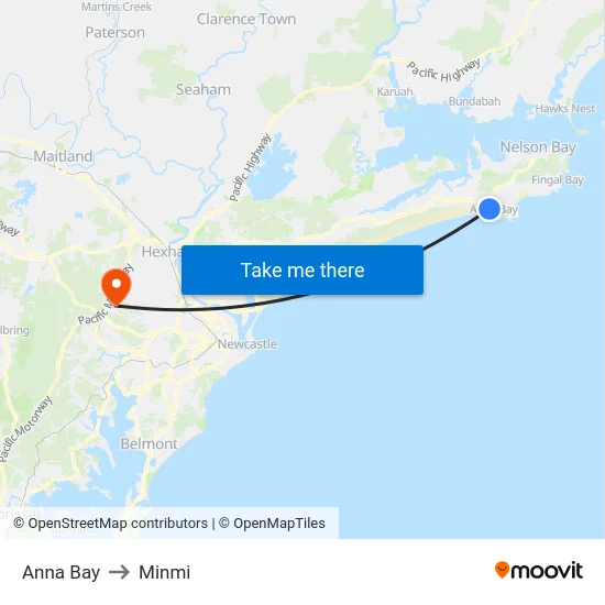 Anna Bay to Minmi map