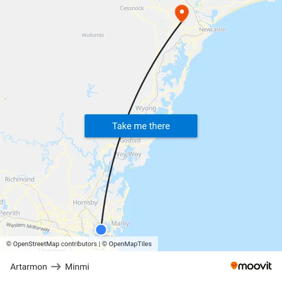 Artarmon to Minmi map