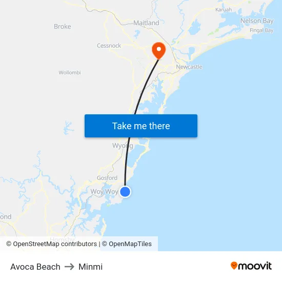 Avoca Beach to Minmi map
