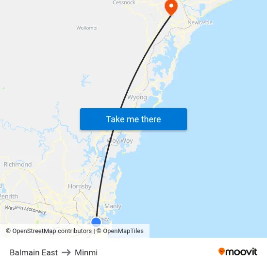 Balmain East to Minmi map