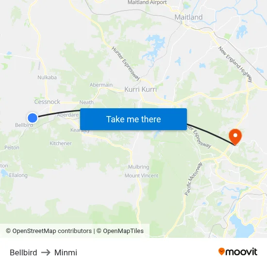 Bellbird to Minmi map