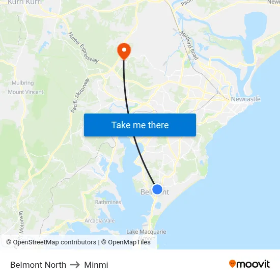 Belmont North to Minmi map