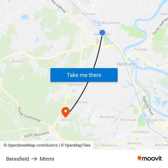 Beresfield to Minmi map