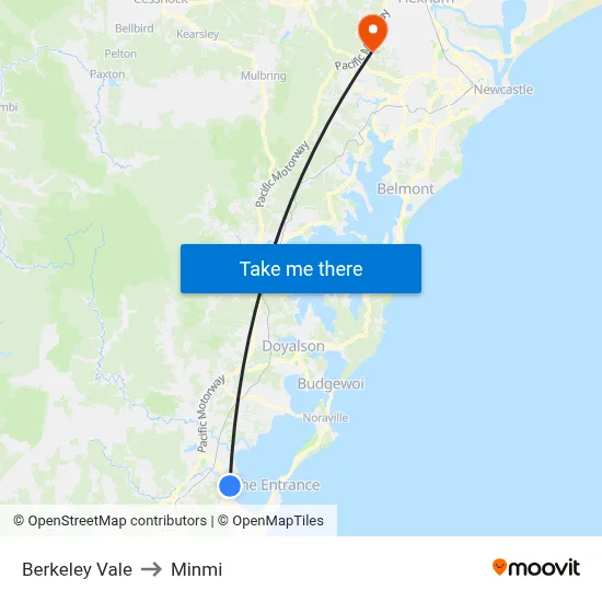 Berkeley Vale to Minmi map