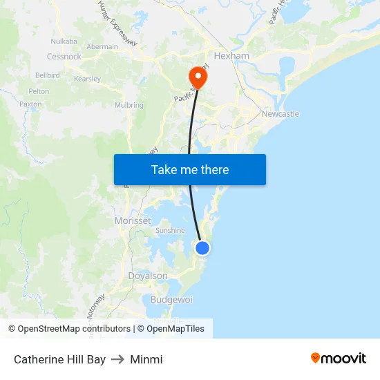 Catherine Hill Bay to Minmi map