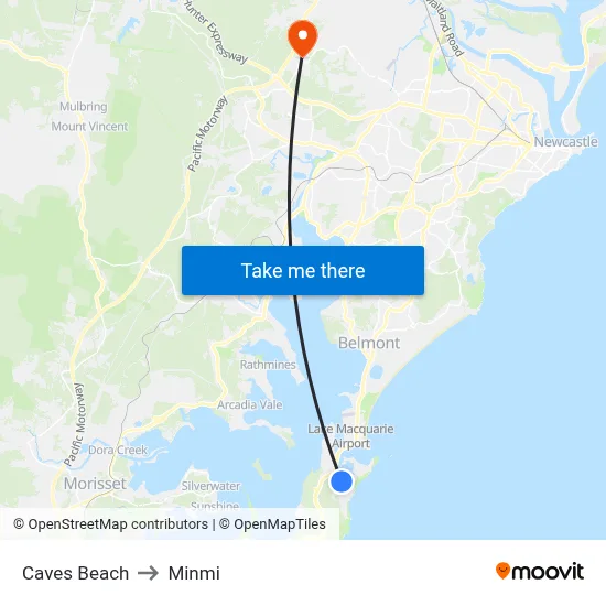 Caves Beach to Minmi map