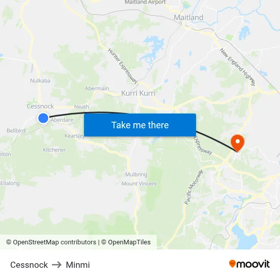 Cessnock to Minmi map