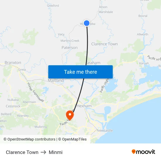 Clarence Town to Minmi map