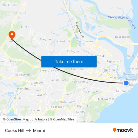 Cooks Hill to Minmi map