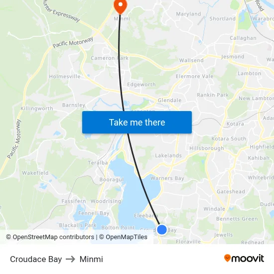 Croudace Bay to Minmi map