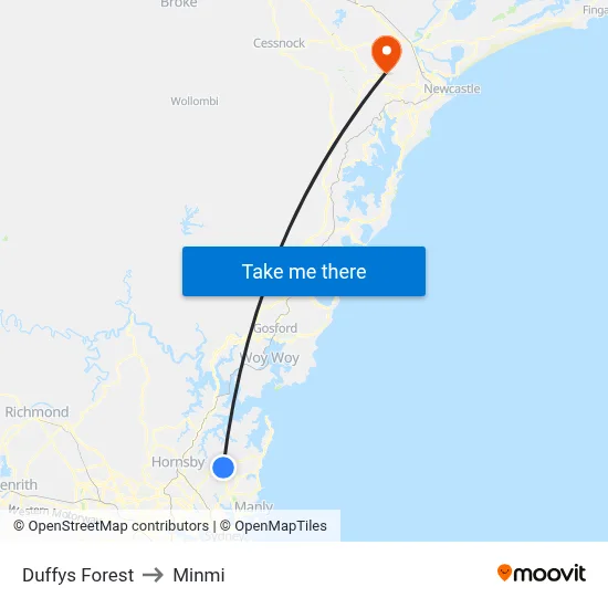 Duffys Forest to Minmi map