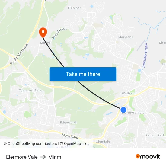 Elermore Vale to Minmi map