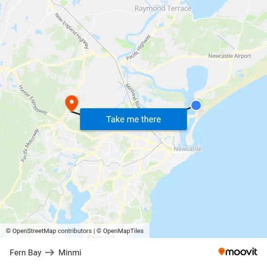 Fern Bay to Minmi map