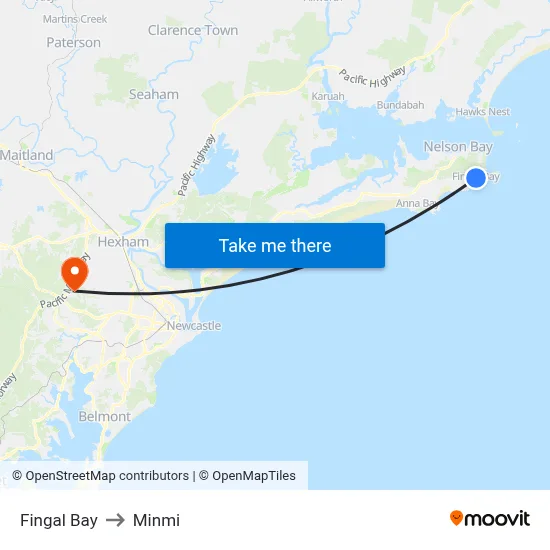 Fingal Bay to Minmi map
